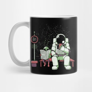 Astronaut In a Bus Stop Funny Alien Reading Newspaper by Tobe Fonseca Mug
